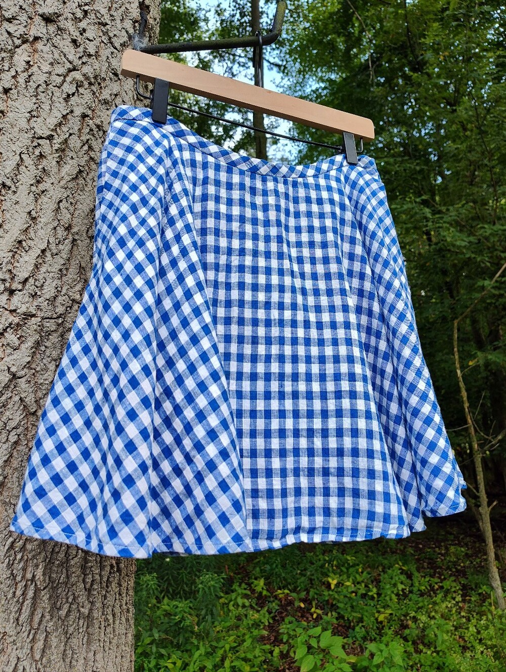 Blue White Gingham Plaid Linen Mini Skirt Flared J Crew Sz 8 Pockets Picnic